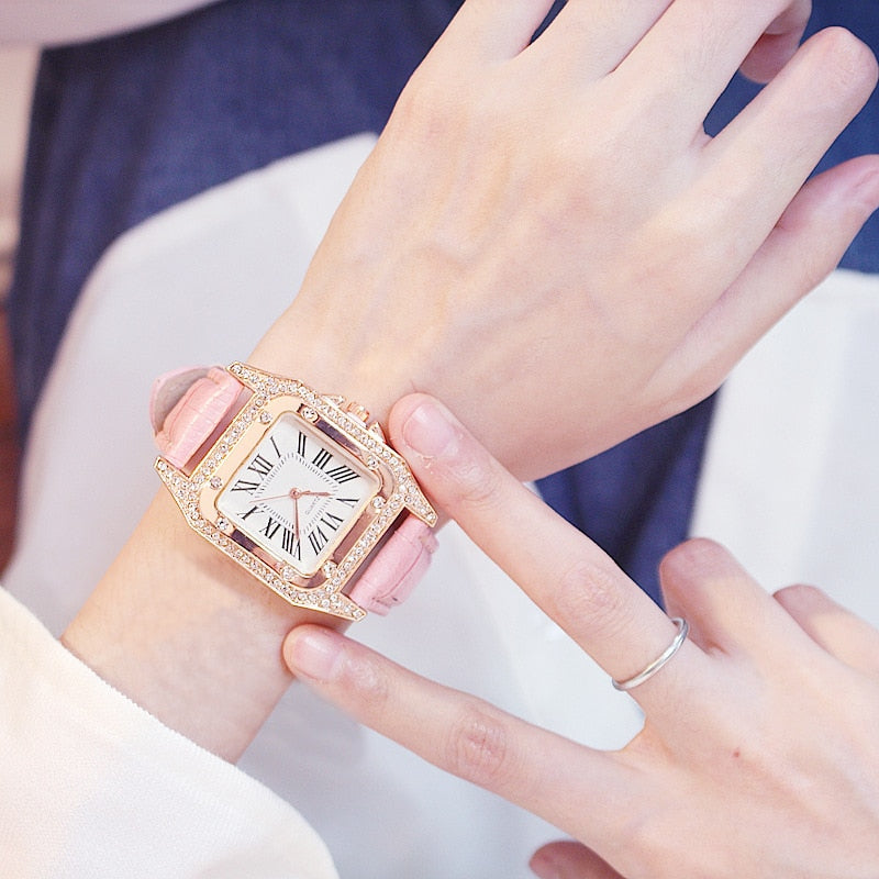 Ensemble de montre-bracelet à quartz avec bracelet en cuir pour femme, diamant, cadran carré étoilé, horloge féminine, dames