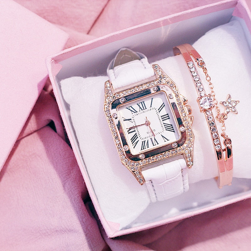 Ensemble de montre-bracelet à quartz avec bracelet en cuir pour femme, diamant, cadran carré étoilé, horloge féminine, dames