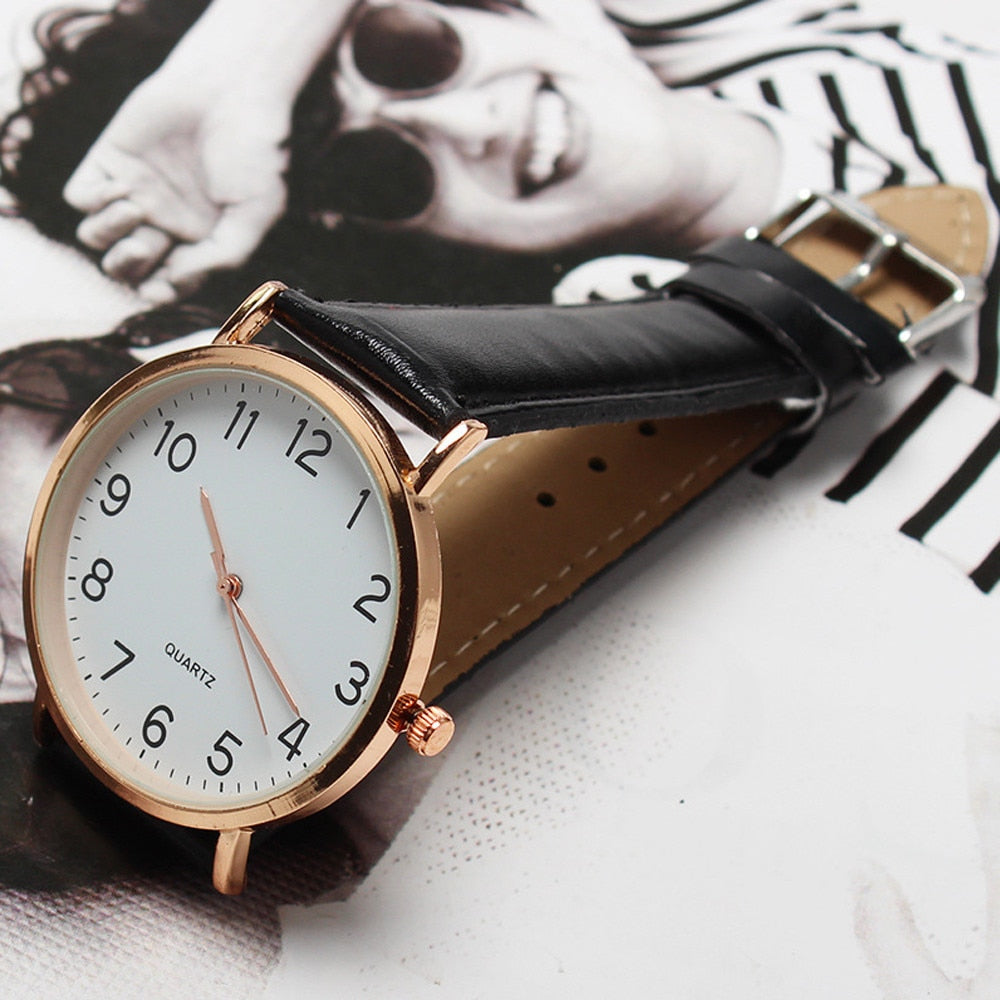 Montre à Cadran Rond avec Bracelet en Cuir Noir pour Femme - Montre-Bracelet unisexe, Design Simple Tendance et à la mode