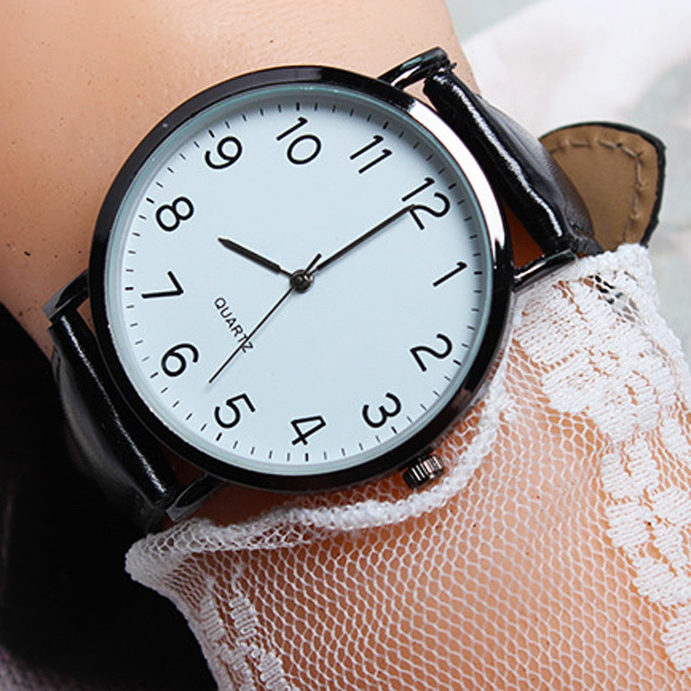 Montre à Cadran Rond avec Bracelet en Cuir Noir pour Femme - Montre-Bracelet unisexe, Design Simple Tendance et à la mode