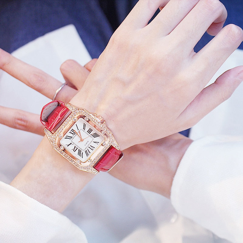 Ensemble de montre-bracelet à quartz avec bracelet en cuir pour femme, diamant, cadran carré étoilé, horloge féminine, dames
