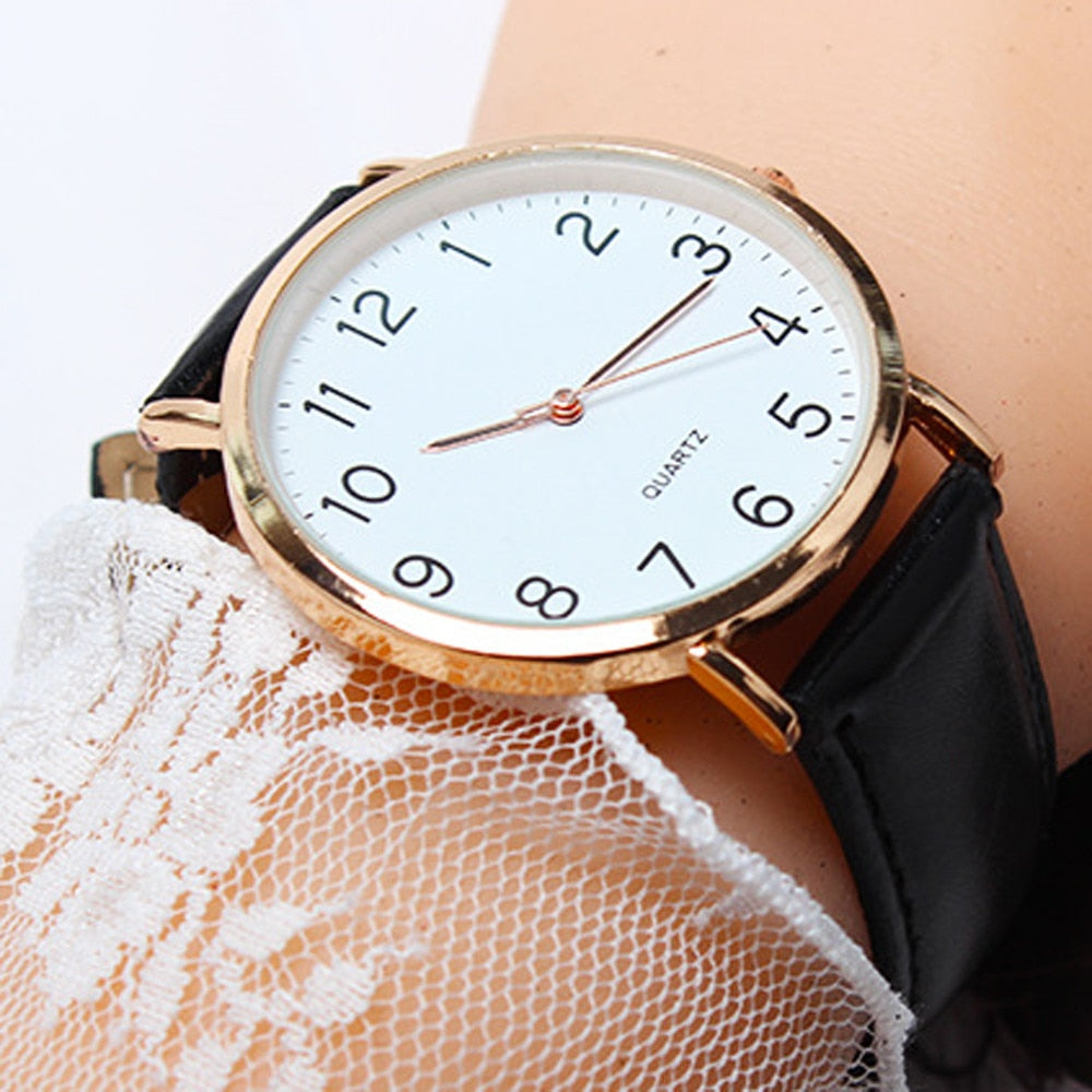 Montre à Cadran Rond avec Bracelet en Cuir Noir pour Femme - Montre-Bracelet unisexe, Design Simple Tendance et à la mode