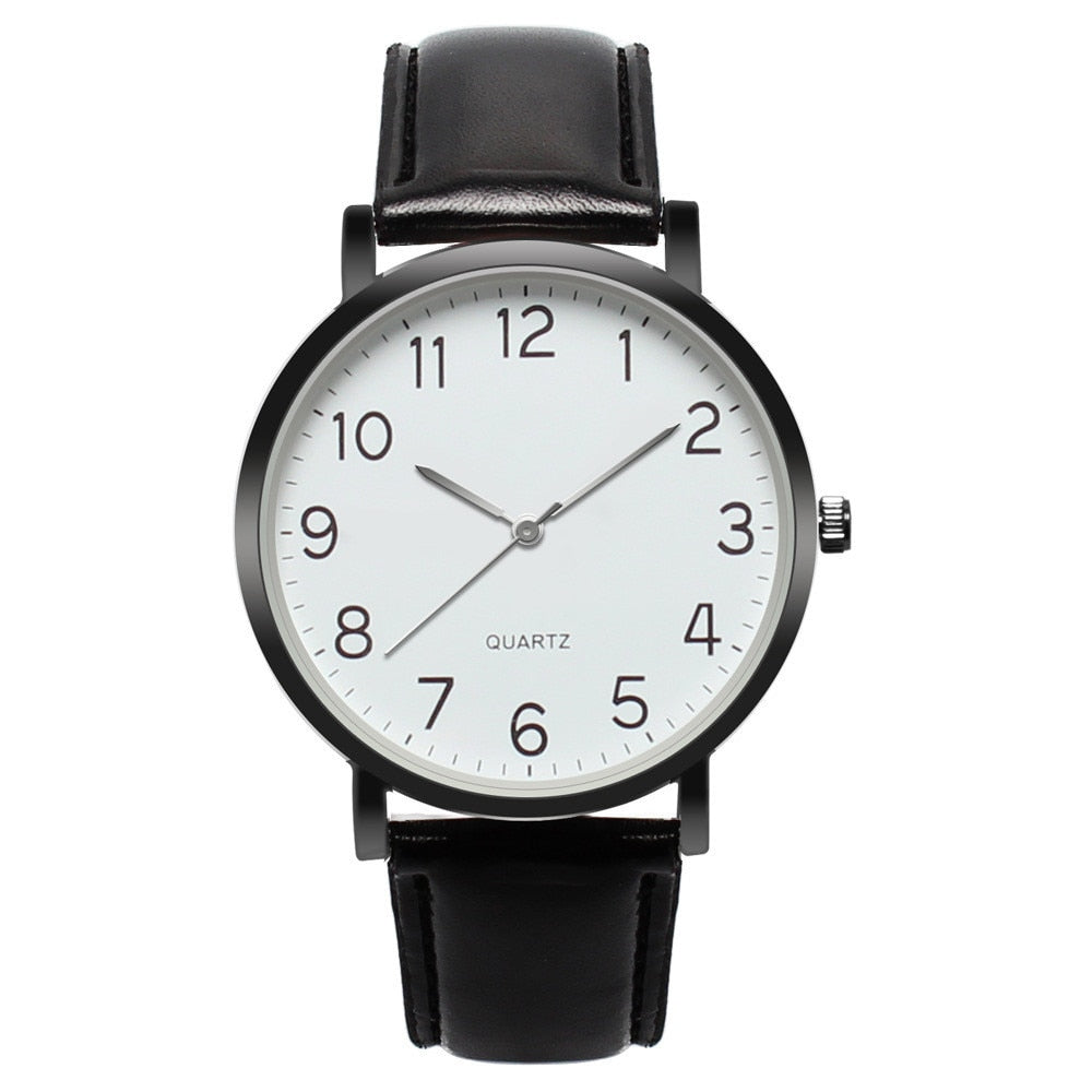 Montre à Cadran Rond avec Bracelet en Cuir Noir pour Femme - Montre-Bracelet unisexe, Design Simple Tendance et à la mode