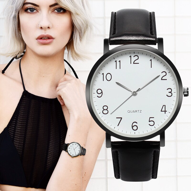 Montre à Cadran Rond avec Bracelet en Cuir Noir pour Femme - Montre-Bracelet unisexe, Design Simple Tendance et à la mode