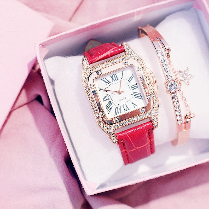 Ensemble de montre-bracelet à quartz avec bracelet en cuir pour femme, diamant, cadran carré étoilé, horloge féminine, dames