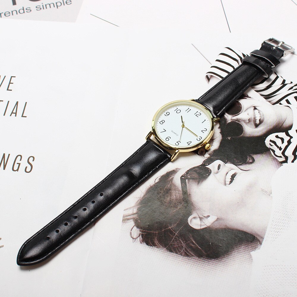 Montre à Cadran Rond avec Bracelet en Cuir Noir pour Femme - Montre-Bracelet unisexe, Design Simple Tendance et à la mode