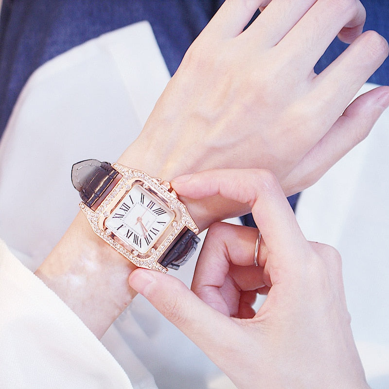Ensemble de montre-bracelet à quartz avec bracelet en cuir pour femme, diamant, cadran carré étoilé, horloge féminine, dames