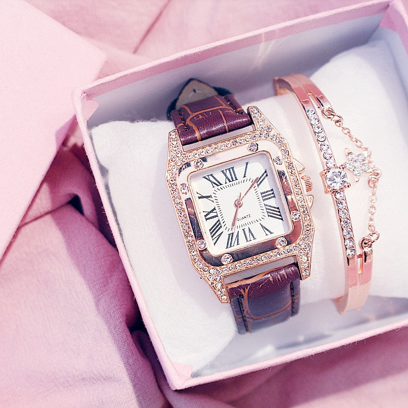 Ensemble de montre-bracelet à quartz avec bracelet en cuir pour femme, diamant, cadran carré étoilé, horloge féminine, dames