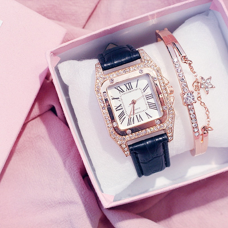 Ensemble de montre-bracelet à quartz avec bracelet en cuir pour femme, diamant, cadran carré étoilé, horloge féminine, dames