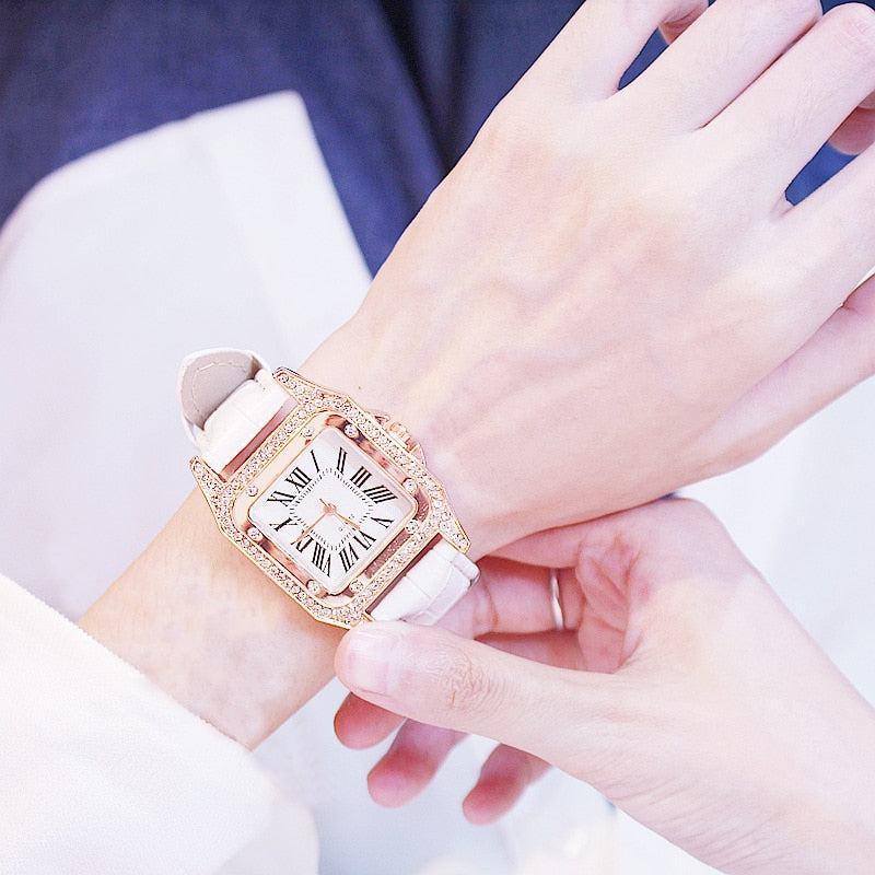 Ensemble de montre-bracelet à quartz avec bracelet en cuir pour femme, diamant, cadran carré étoilé, horloge féminine, dames