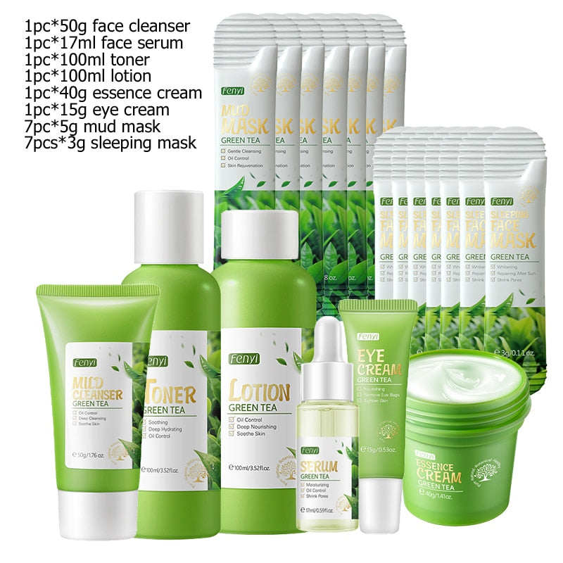 Kit de soins pour la peau au Thé Vert : Produit cosmétique coréen hydratant, exfoliant anti-acné et anti-âge pour une beauté du visage éclatante