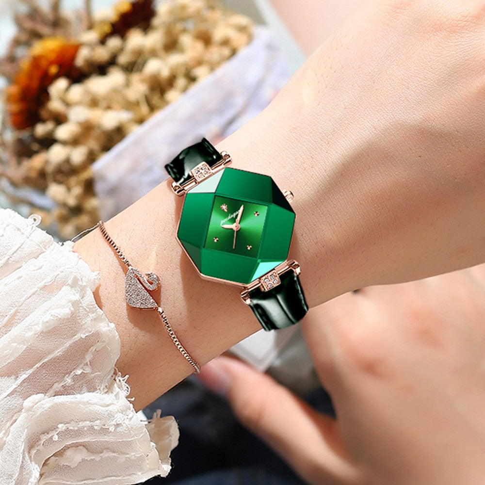 Montre de Luxe pour Femmes de Haute Qualité - Montre en Cuir vert avec Diamants, étanche, à quartz