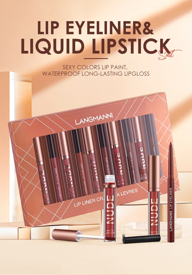 Ensemble Jules Liner - Gloss à Lèvres Velours pour Femme - Crayon Lisse - Beauté Sexy - Nude Imperméable Longue Durée - Cosmétique 12 Pièces