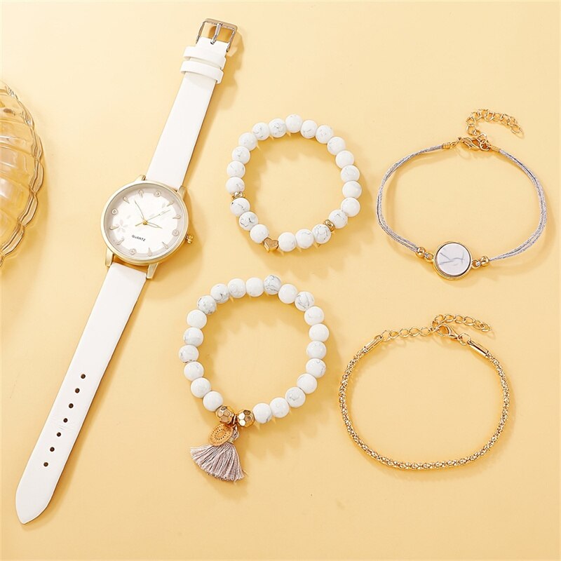Montres à quartz de luxe pour femmes, montre-bracelet en cuir pour dames, robe de sport, cadran blanc, horloge