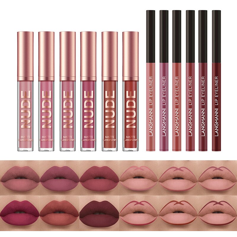 Ensemble Jules Liner - Gloss à Lèvres Velours pour Femme - Crayon Lisse - Beauté Sexy - Nude Imperméable Longue Durée - Cosmétique 12 Pièces