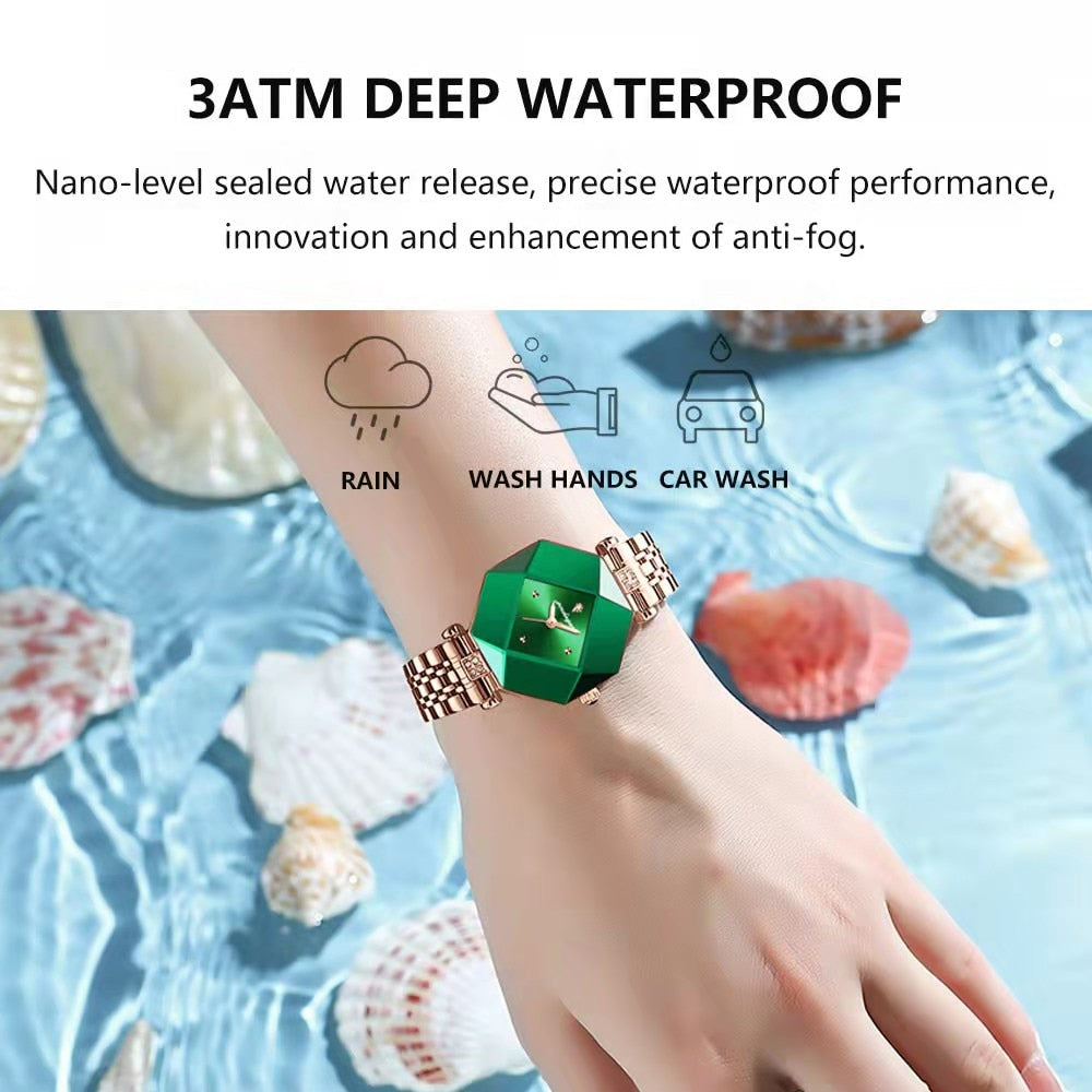 Montre de Luxe pour Femmes de Haute Qualité - Montre en Cuir vert avec Diamants, étanche, à quartz