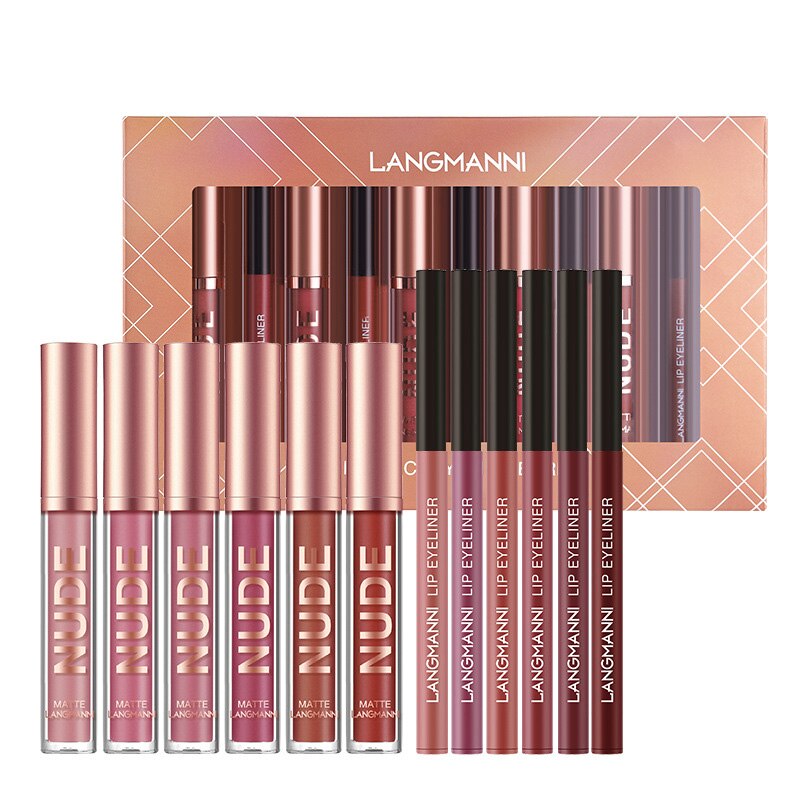 Ensemble Jules Liner - Gloss à Lèvres Velours pour Femme - Crayon Lisse - Beauté Sexy - Nude Imperméable Longue Durée - Cosmétique 12 Pièces