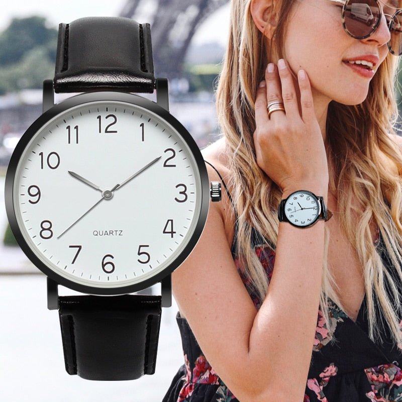 Montre à Cadran Rond avec Bracelet en Cuir Noir pour Femme - Montre-Bracelet unisexe, Design Simple Tendance et à la mode