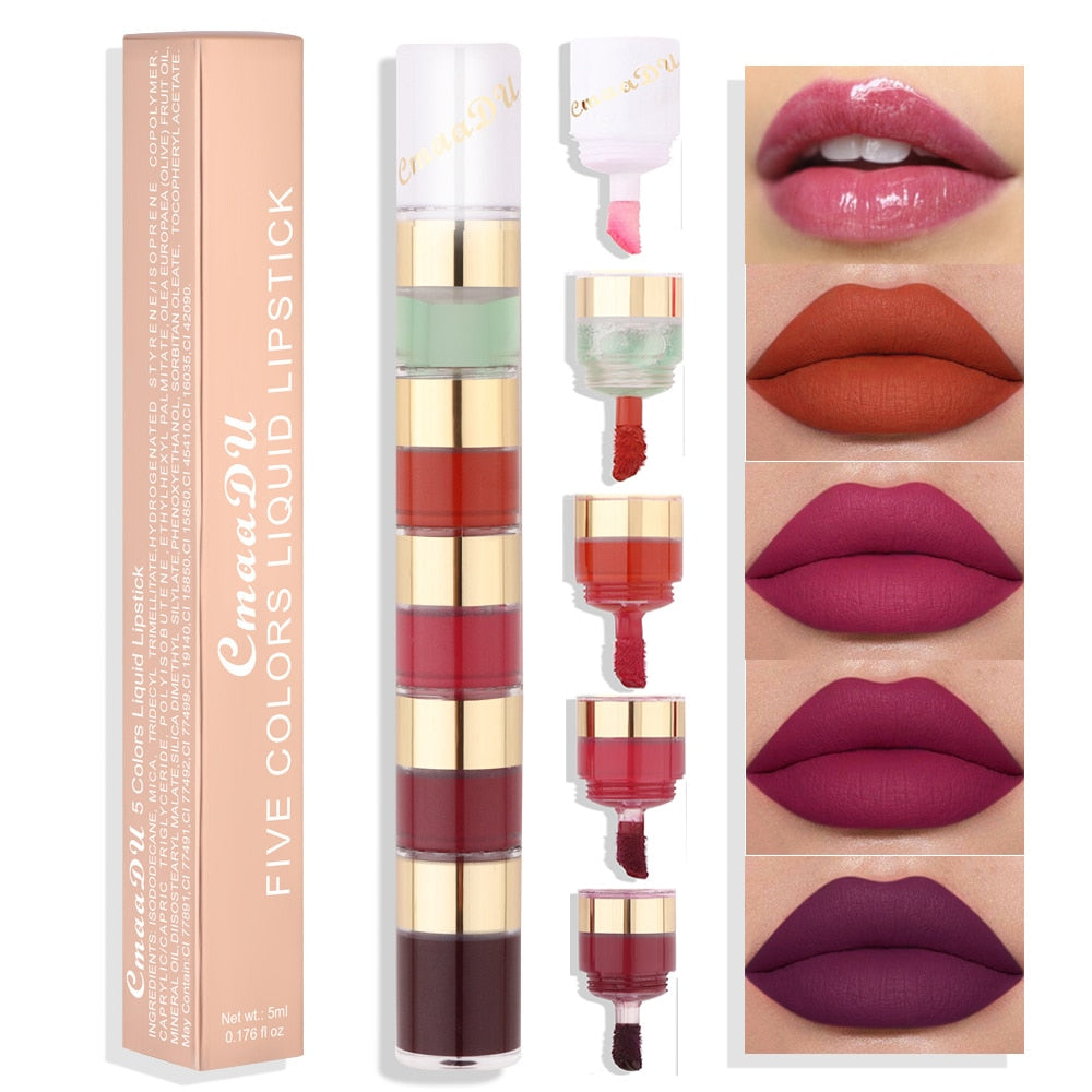 Kit de Rouge à Lèvres 5 en 1 - Couleurs ChlorStrip Velvet Sexy Red Jules Tint - Tasse Antiarina - Huile de Maquillage Jules Gloss - Ensemble Cosmétique