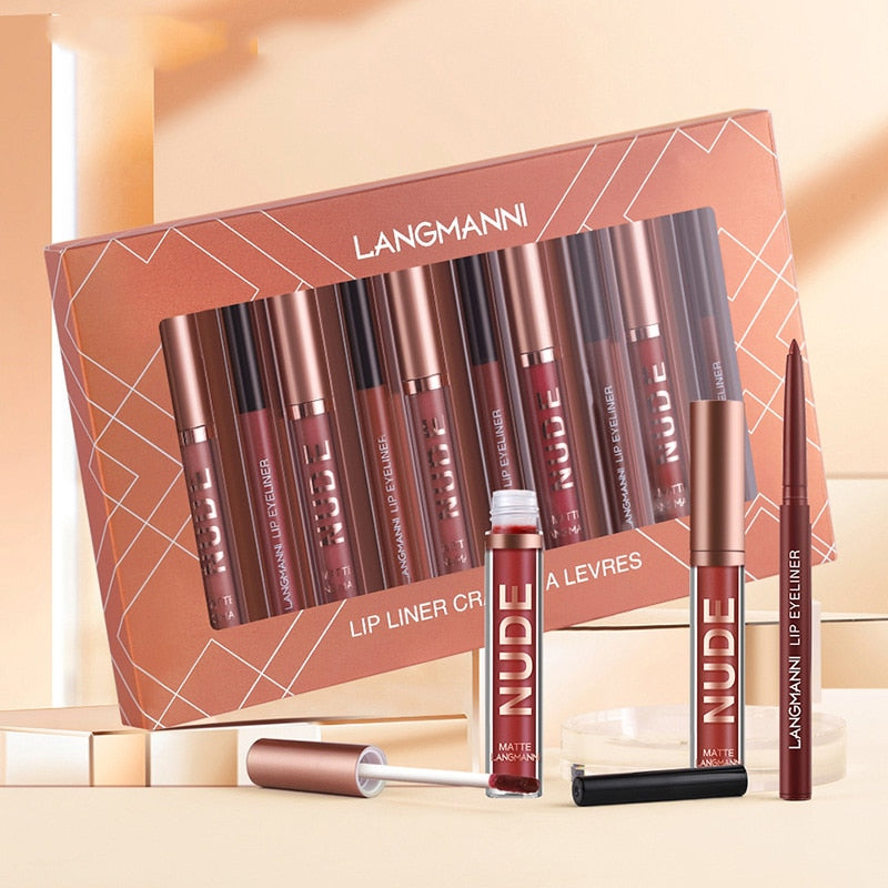 Ensemble Jules Liner - Gloss à Lèvres Velours pour Femme - Crayon Lisse - Beauté Sexy - Nude Imperméable Longue Durée - Cosmétique 12 Pièces