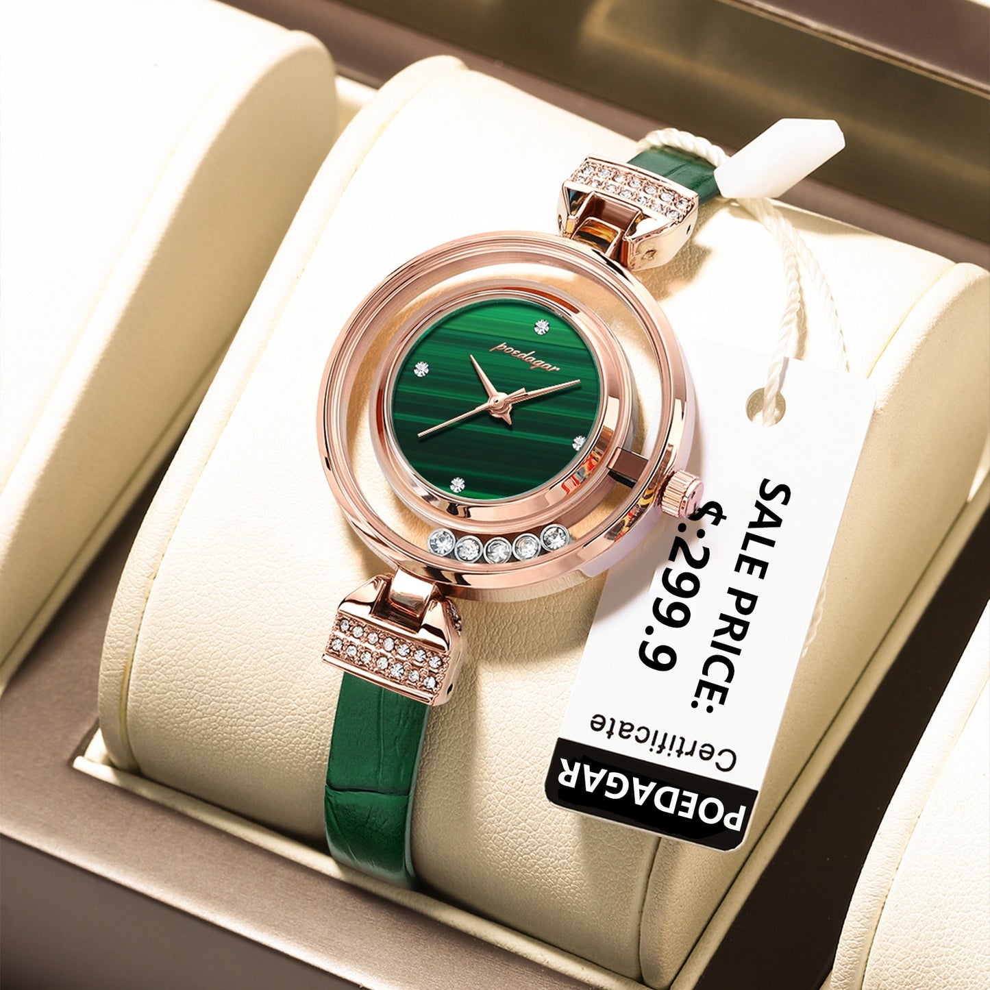 Montre de Luxe en Cuir et Diamants pour Femme, Verte, Étanche, de Haute Qualité, Design modern