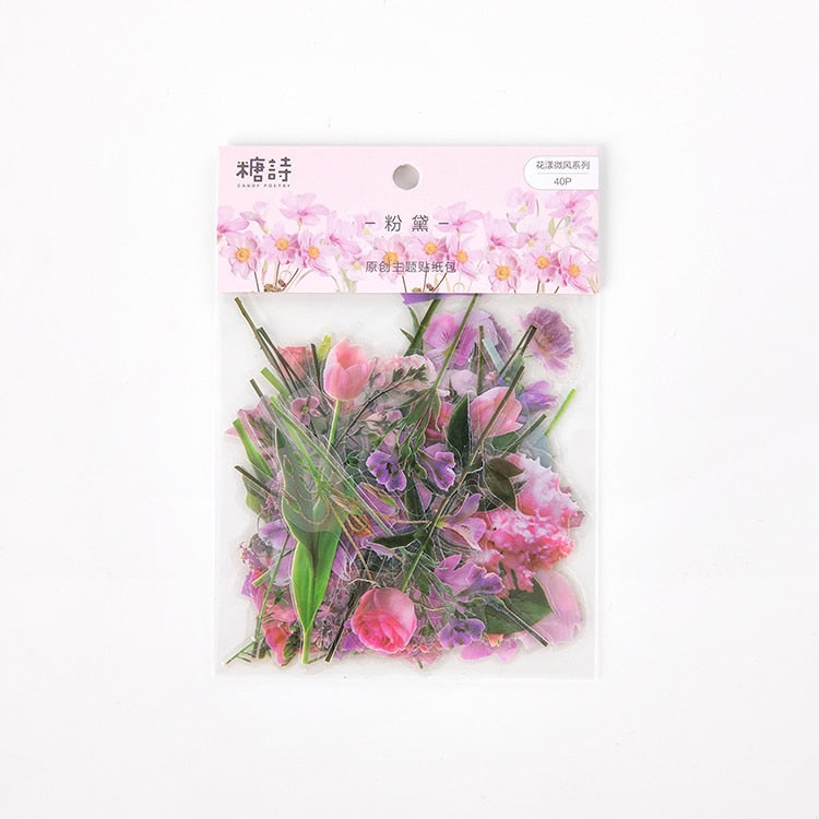 Lot de 40 autocollants de fleurs - Fleurs fraîches et transparentes, résistantes à l'eau, pour la décoration de compte à la main et le matériel de scrapbooking