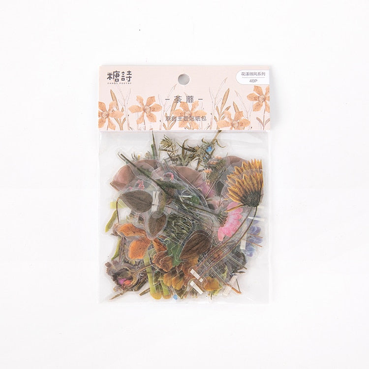 Lot de 40 autocollants de fleurs - Fleurs fraîches et transparentes, résistantes à l'eau, pour la décoration de compte à la main et le matériel de scrapbooking