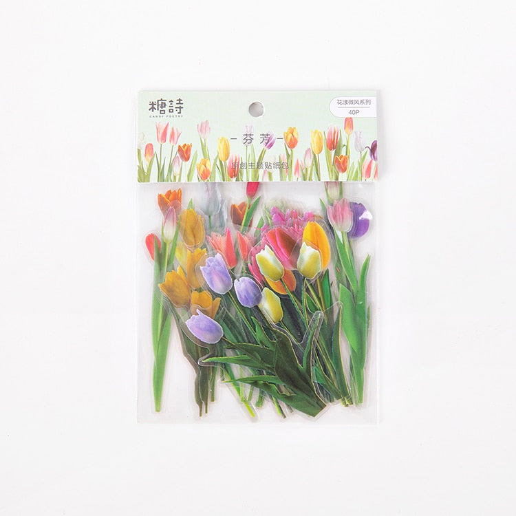 Lot de 40 autocollants de fleurs - Fleurs fraîches et transparentes, résistantes à l'eau, pour la décoration de compte à la main et le matériel de scrapbooking