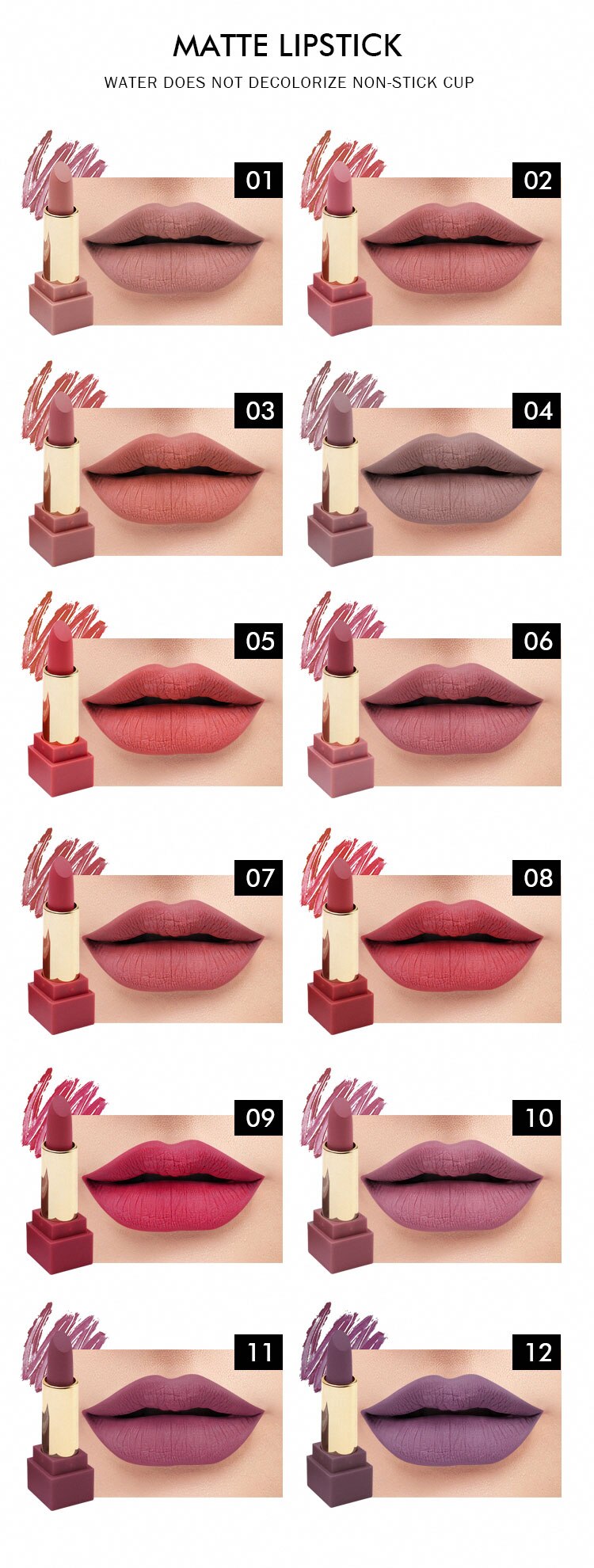 Kit de Rouges à Lèvres Hydratants Velours - Cosmétiques Durables - Maquillage Rouge Jules Gloss - 12 Pièces 256