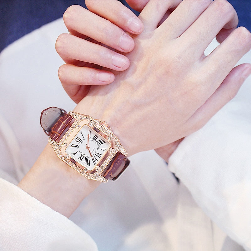 Ensemble de montre-bracelet à quartz avec bracelet en cuir pour femme, diamant, cadran carré étoilé, horloge féminine, dames