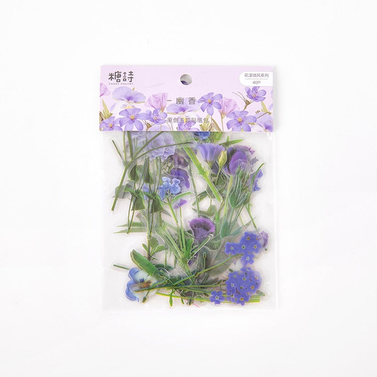 Lot de 40 autocollants de fleurs - Fleurs fraîches et transparentes, résistantes à l'eau, pour la décoration de compte à la main et le matériel de scrapbooking