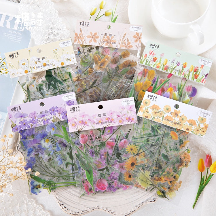 Lot de 40 autocollants de fleurs - Fleurs fraîches et transparentes, résistantes à l'eau, pour la décoration de compte à la main et le matériel de scrapbooking