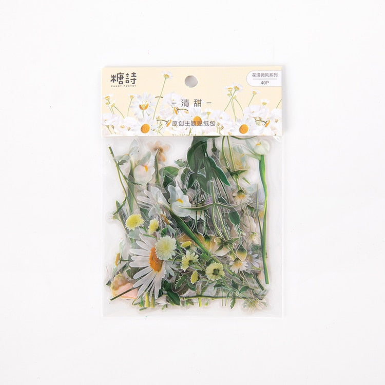 Lot de 40 autocollants de fleurs - Fleurs fraîches et transparentes, résistantes à l'eau, pour la décoration de compte à la main et le matériel de scrapbooking