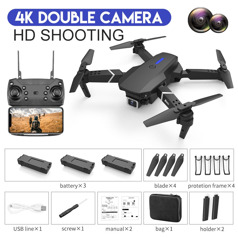 Nouveau drone RC E88Pro 2023 avec caméra 4K professionnelle, angle large 1080P HD, pliable, WiFi FPV, maintien de hauteur - Cadeau jouet