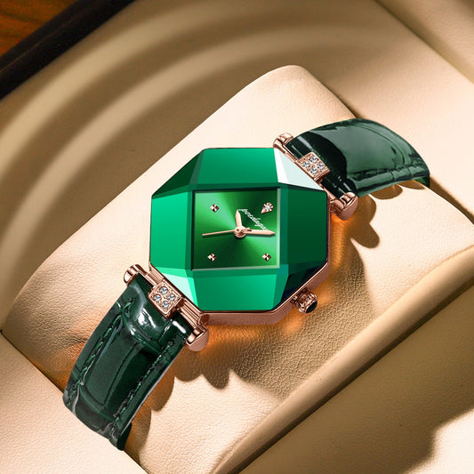 Montre de Luxe pour Femmes de Haute Qualité - Montre en Cuir vert avec Diamants, étanche, à quartz