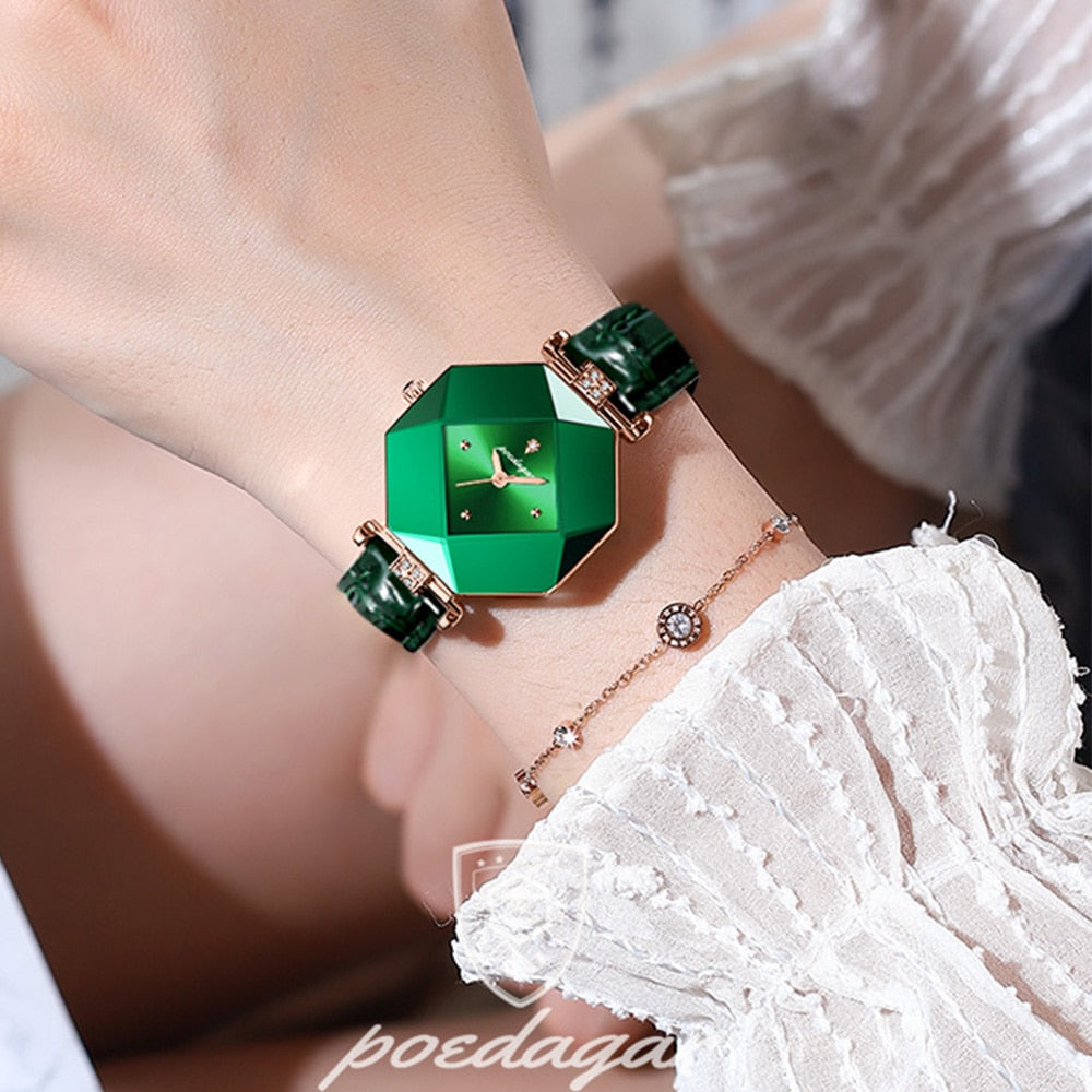 Montre de Luxe pour Femmes de Haute Qualité - Montre en Cuir vert avec Diamants, étanche, à quartz