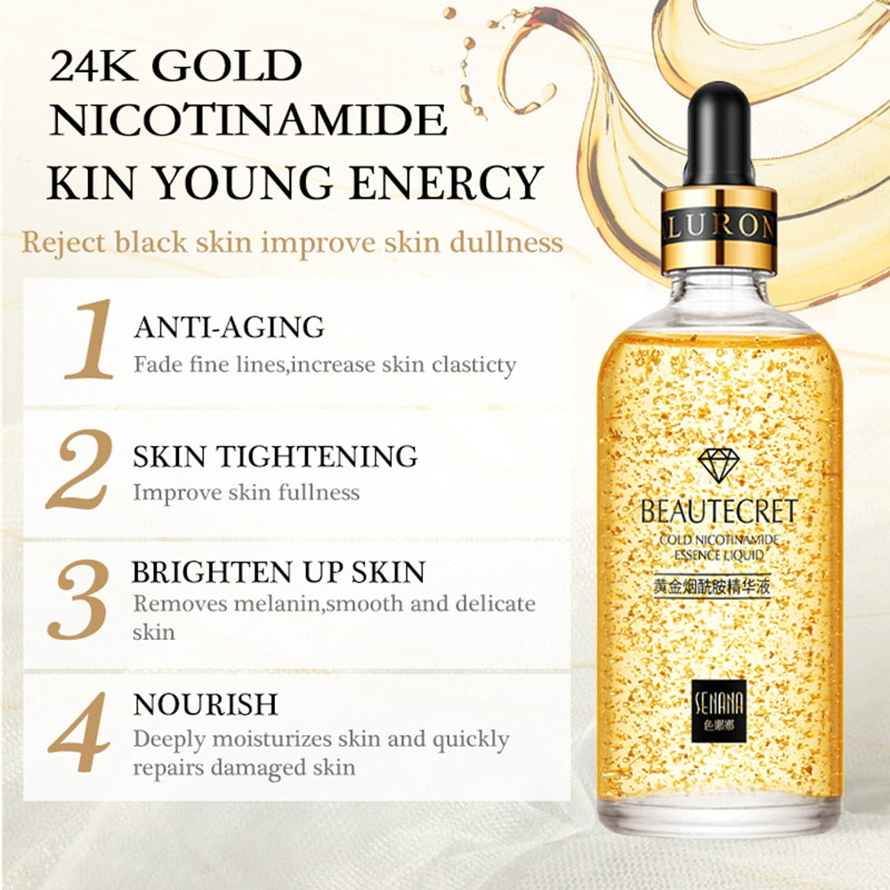 Essence de Niacinamide d'Or 24K, Liquide Nourrit en Profondeur, Anti-déformant, Anti-âge, Acide Hyaluronique, Hydratant pour la Peau du Visage