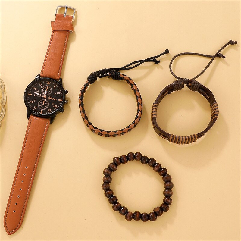 Nouveau coffret de montre-bracelet pour homme - Montre-bracelet en cuir marron de luxe à quartz, élégante et tendance, avec bracelet assorti (Relogio Masculino)