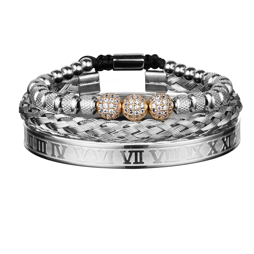 Bracelets de luxe en acier inoxydable avec perles rondes Micro Pave CZ et breloque royale - Bijoux faits main pour hommes et couples - Cadeau exquis