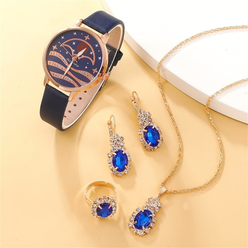 Ensemble de montres à quartz simples pour femmes, horloge femme, cadran lunaire, design de marque de luxe, mode féminine, 5 pièces
