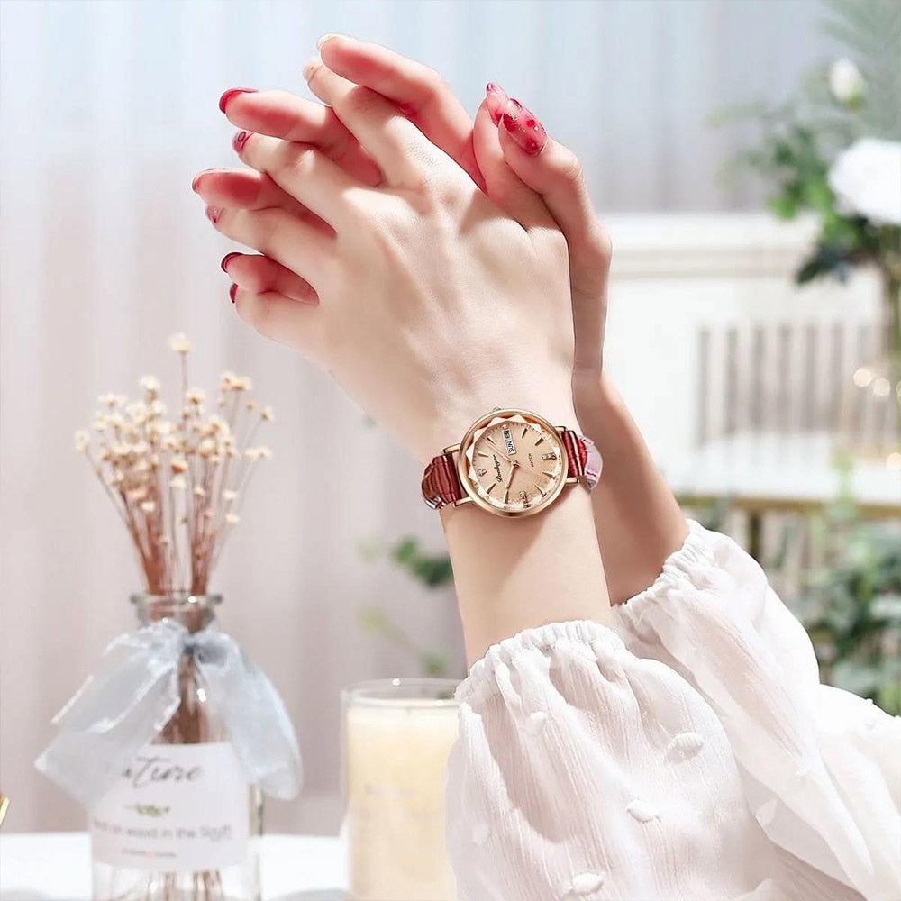 Montre-Bracelet en cuir Ultra-Mince pour Femmes, Montre de luxe, Etanche, Lumineuse, à Quartz