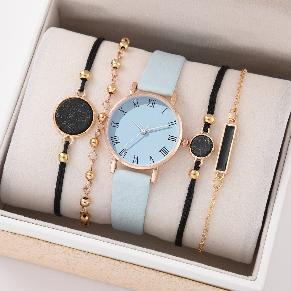 Ensemble de montres-bracelets analogiques en cuir pour femme - Montres à quartz de luxe - Mode de luxe - Nouveauté - 5 pièces - 2 pieces - 2023