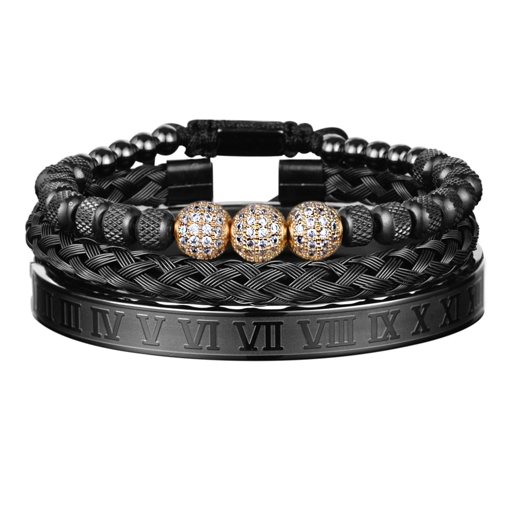 Bracelets de luxe en acier inoxydable avec perles rondes Micro Pave CZ et breloque royale - Bijoux faits main pour hommes et couples - Cadeau exquis