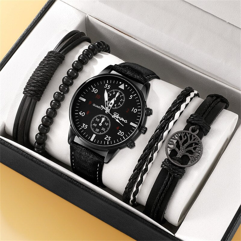 Nouveau coffret de montre-bracelet pour homme - Montre-bracelet en cuir marron de luxe à quartz, élégante et tendance, avec bracelet assorti (Relogio Masculino)