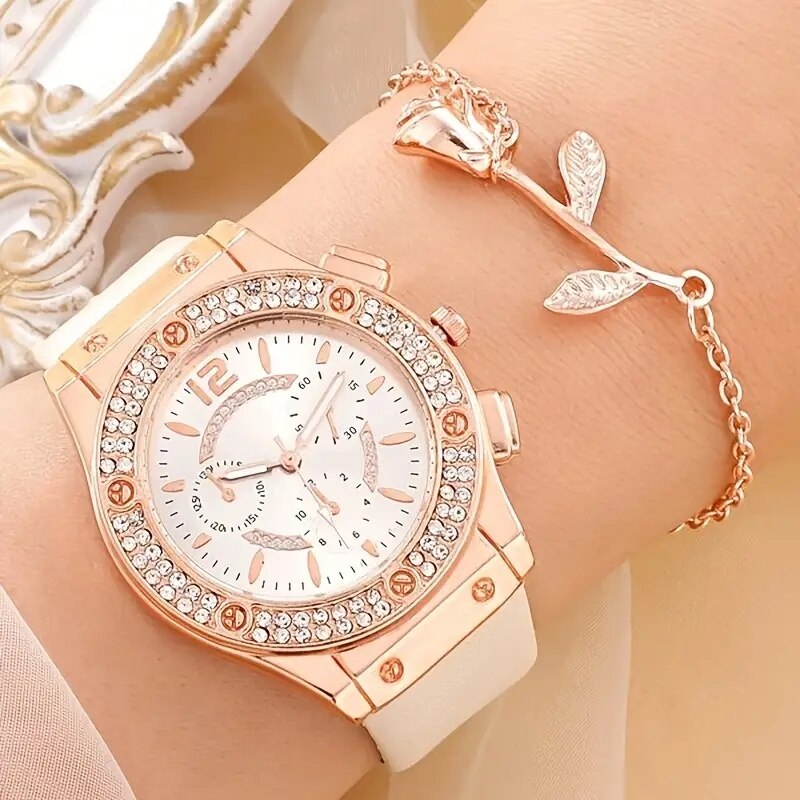 Ensemble de montres de luxe pour femmes avec Bracelet : Montre-bracelet élégante, montre à quartz pour filles, horloge mode femme