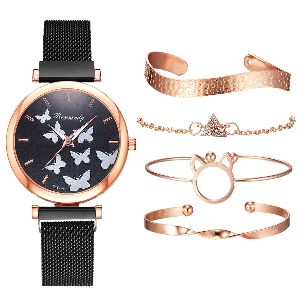 Ensemble de montres-bracelets à quartz pour femmes, montre-bracelet en maille d'or rose, horloge d'affaires, mode féminine, 5 pièces