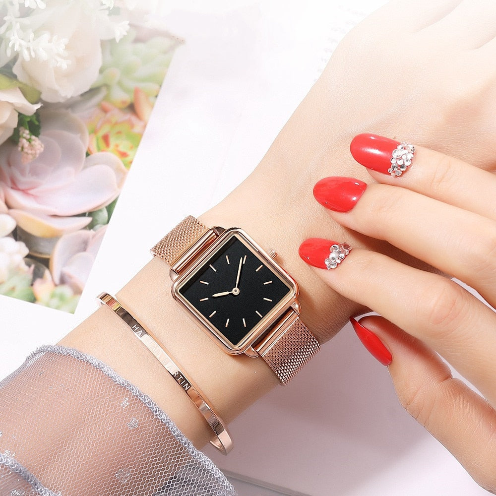 Montres de luxe pour femmes, or Rose, bracelet à maille magnétique Simple, montre-bracelet carré à la mode pour femmes