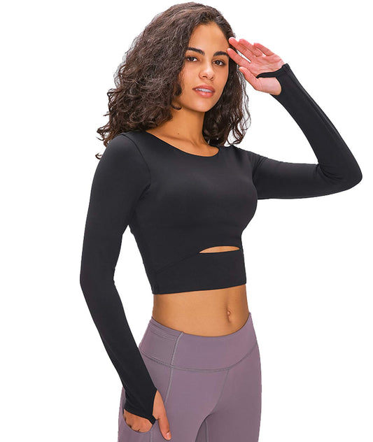 Zerlar Long Sleeve Crop Top for Women with Removable Padded Thumb Hole Fitted...