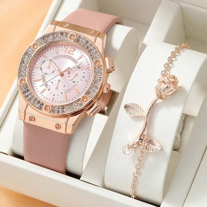 Ensemble de montres de luxe pour femmes avec Bracelet : Montre-bracelet élégante, montre à quartz pour filles, horloge mode femme