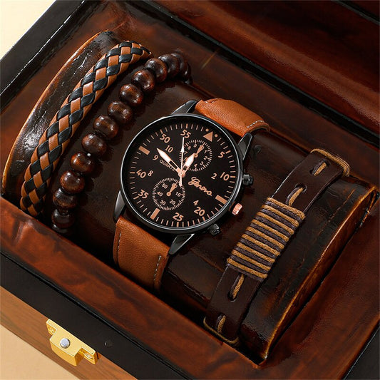 Nouveau coffret de montre-bracelet pour homme - Montre-bracelet en cuir marron de luxe à quartz, élégante et tendance, avec bracelet assorti (Relogio Masculino)